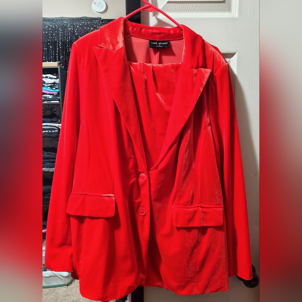 Red velvet pantsuit.